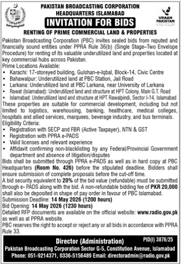 Renting of Prime Commercial Land & Properties - Pakistan Broadcasting Corporation
